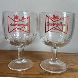 Pair of Vintage Budweiser‎ Bowtie Logo Thumbprint Footed Goblets Beer Glass